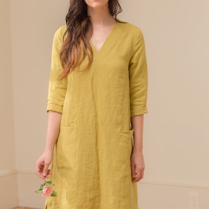 Linen V Neck Linen Shift Dress, 3/4 Sleeve, Relaxed Fit, Pockets image 1