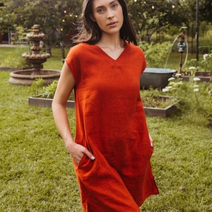 Linen V-neck, w/ Side Vents Boxy Dress, Linen Dress image 2