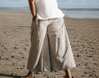 Linen - Culotte Pant, Relaxed Fit, Wide Leg, Elastic Waist, Linen Pant