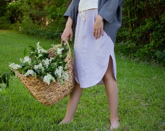 Small Batch & READY TO SHIP - Linen Skirt, Curved Hem, Pockets, Drawstring Waist, Linen Skirt