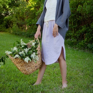 Small Batch & READY TO SHIP Linen Skirt, Curved Hem, Pockets, Drawstring Waist, Linen Skirt Iris Mid-weight