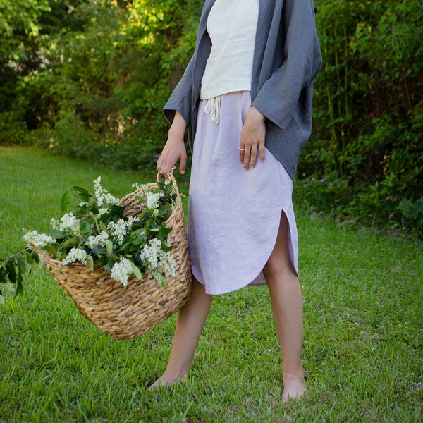 Linen - Skirt, Curved Hem, Pockets, Drawstring Waist, Linen Skirt