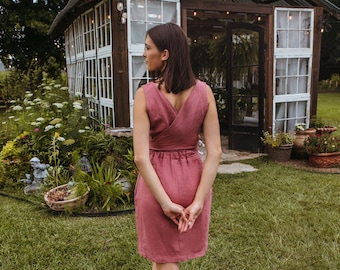 Linen - Wrap Back Dress, Sleeveless, Standard Length, Pockets - Linen Dress