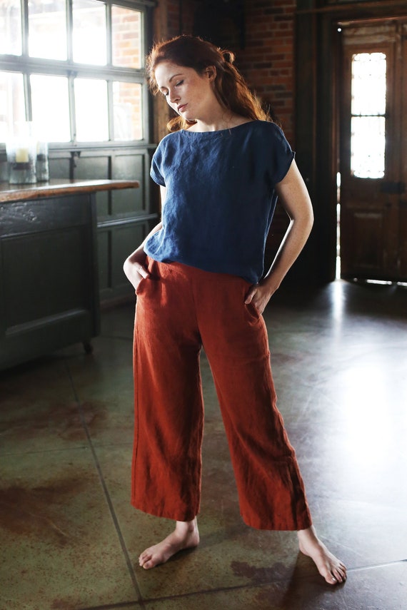 Linen - Pant, Flat-Front Waist with Elastic Back, Cropped, Wide Leg, Relaxed Fit, Linen Pant