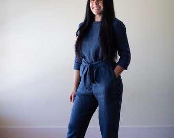 Linen - Jumpsuit, 3/4 Sleeve, Wrap Back, Tapered Leg, Linen Jumpsuit