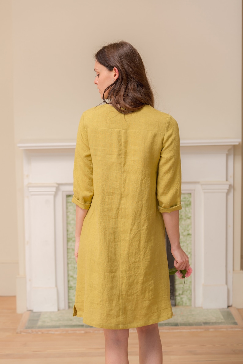 Linen V Neck Linen Shift Dress 3/4 Sleeve Relaxed Fit Etsy