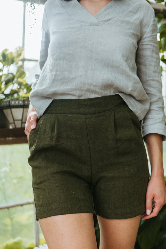 Linen - Flat Front, Pleated Shorts, Pockets, Linen Shorts