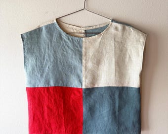 Colorblock - Boxy Top, Hip Length, Wide Neck, Cap Sleeve - Linen Top