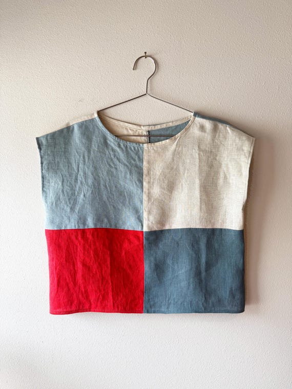 Colorblock - Boxy Top, Hip Length, Wide Neck, Cap Sleeve - Linen Top