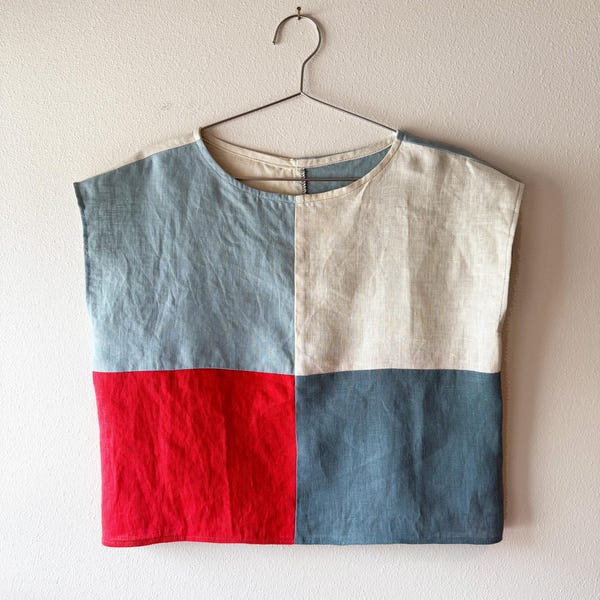 Colorblock - Top droit, longueur hanches, col large, mancherons - Top en lin