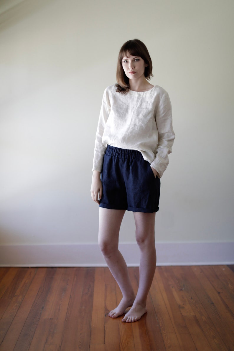 Linen Shorts, Relaxed Fit, Elastic Waist, Linen Shorts image 3