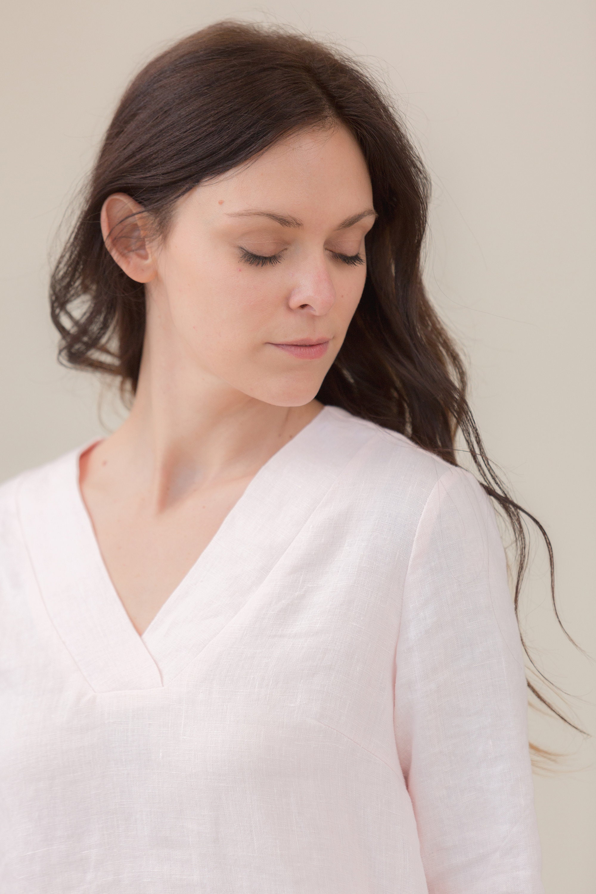 Linen V Neck Linen Tunic Length Top, 3/4 Sleeve, Relaxed Fit, Linen Top