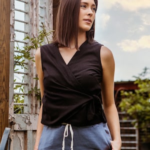 Raw Silk - Wrap Top, Short Length, Sleeveless, Tie Waist - Silk Vest