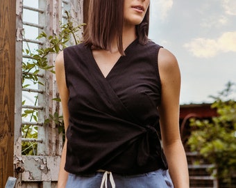 Raw Silk - Wrap Top, Sleeveless, Tie Waist