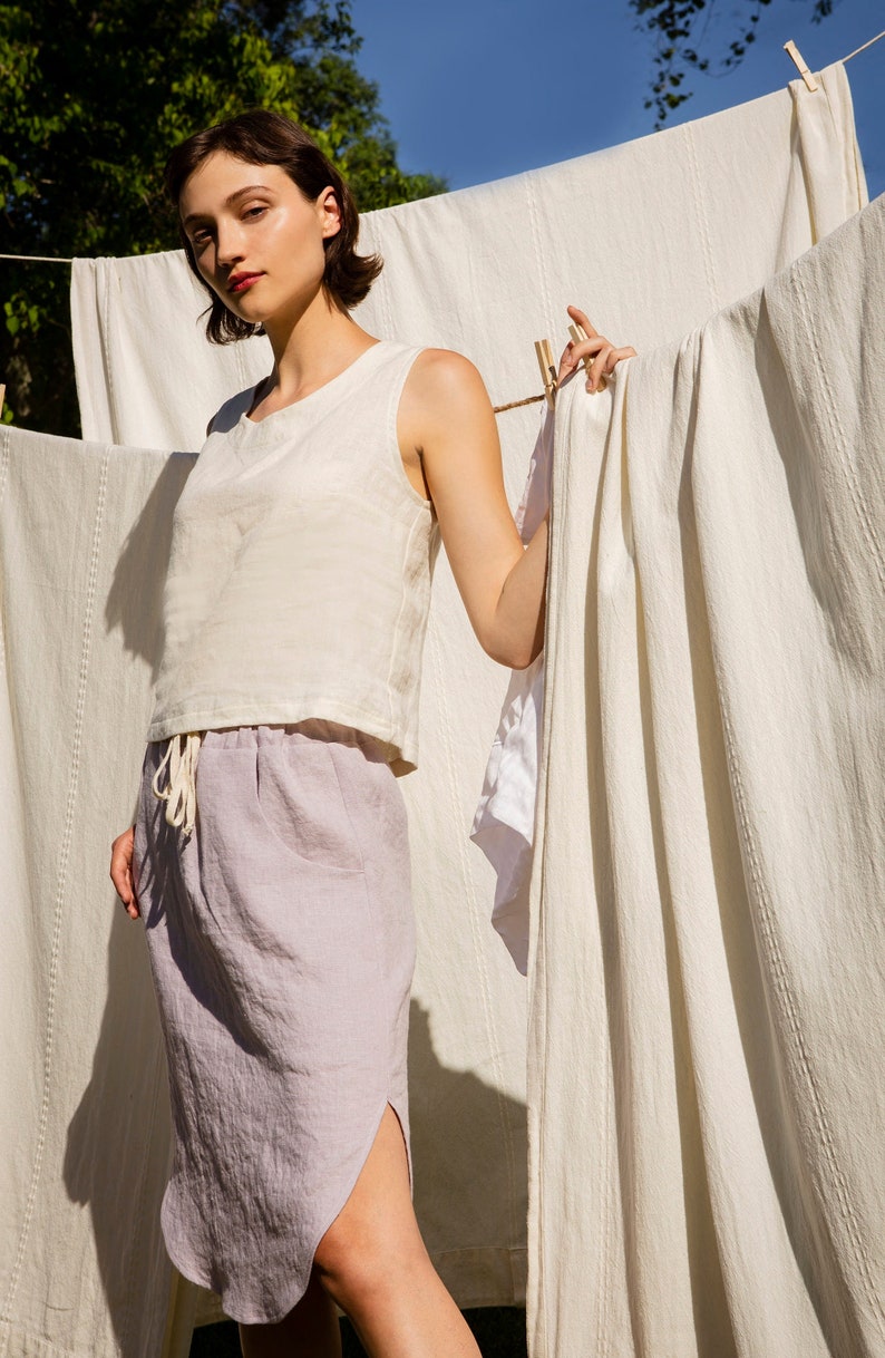 Small Batch & READY TO SHIP Linen Skirt, Curved Hem, Pockets, Drawstring Waist, Linen Skirt image 2