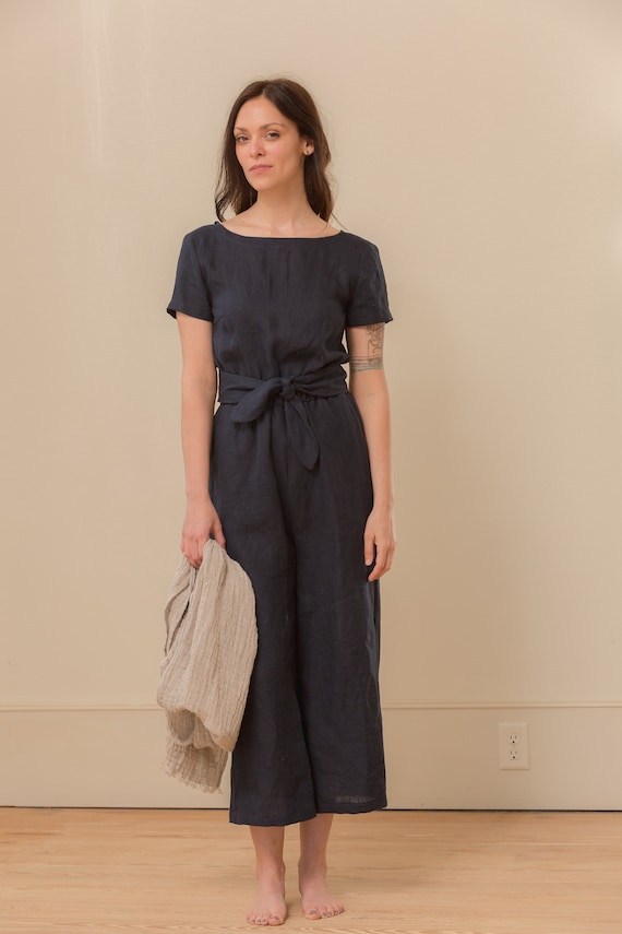 Linen - Jumpsuit, Short Sleeve, Wrap Back, Cropped Leg, Linen Jumpsuit