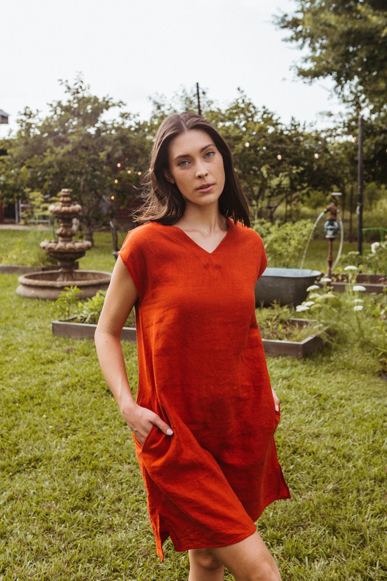 Small Batch & READY TO SHIP Linen V-neck, w/ Side Vents Boxy Dress, Linen Dress Poppy Mid-weight