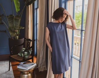 Raw Silk - Boxy Dress, Boat Neck, Relaxed Fit, Silk Noil