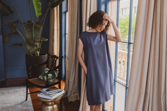 Raw Silk - Boxy Dress, Boat Neck, Relaxed Fit, Silk Noil