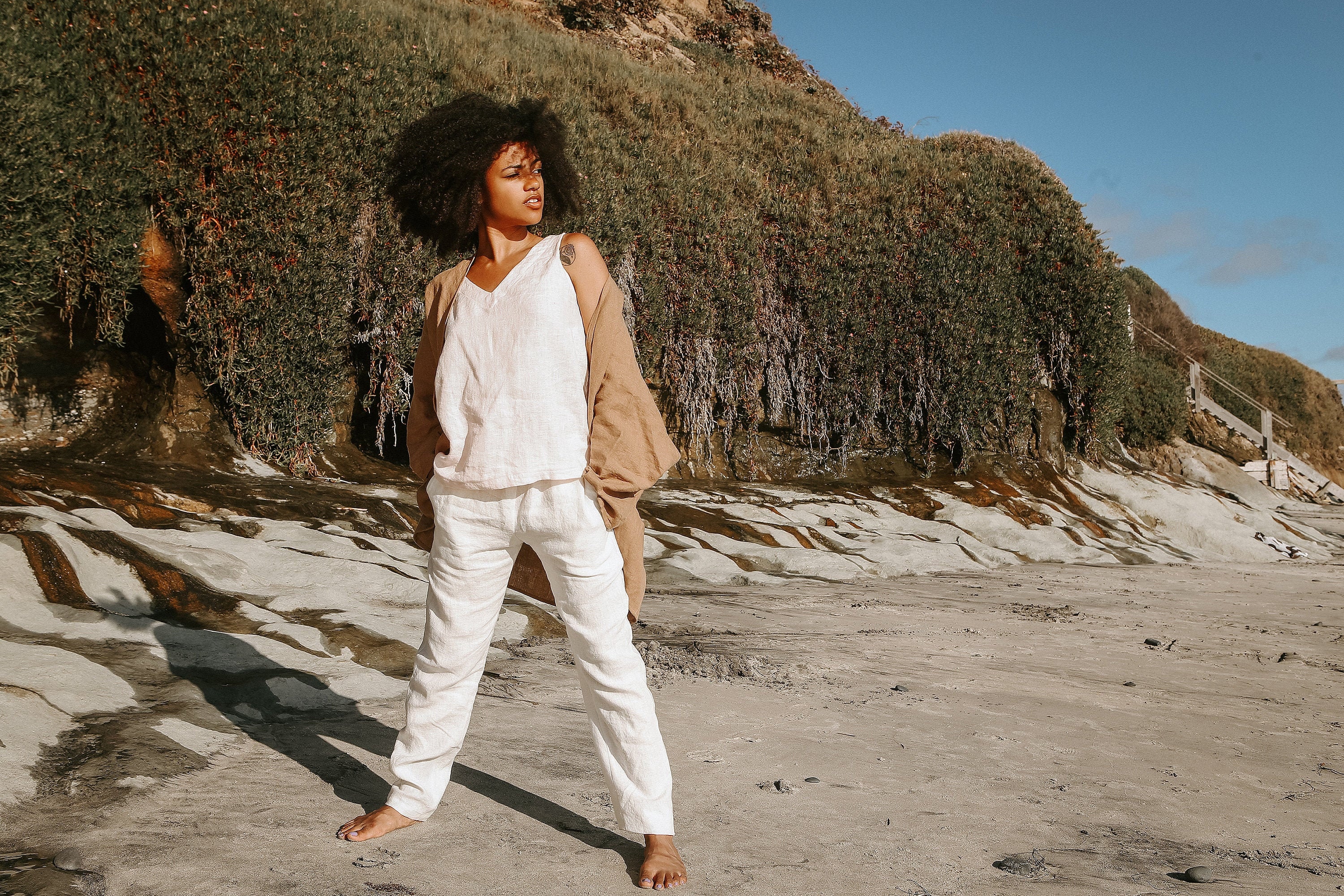Linen - Straight Pant, Ankle Length, Relaxed Fit, Elastic Waist, Line…