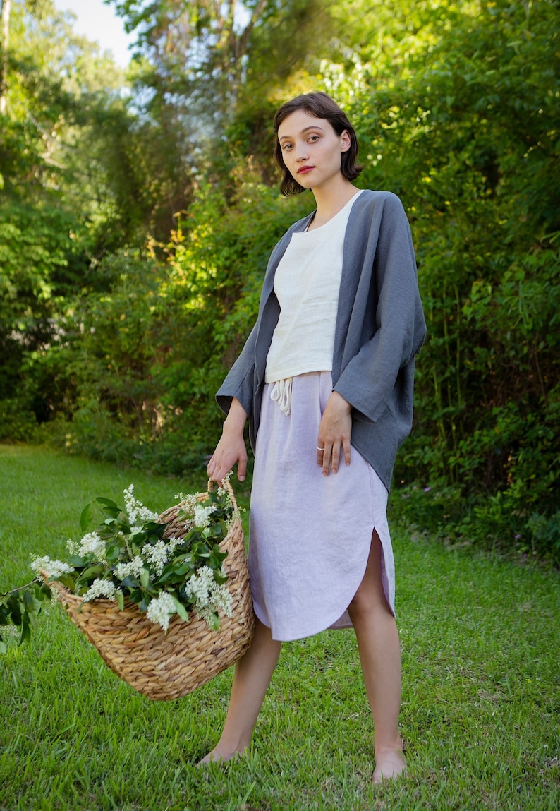 Small Batch & READY TO SHIP Linen Skirt, Curved Hem, Pockets, Drawstring Waist, Linen Skirt Iris Mid-weight