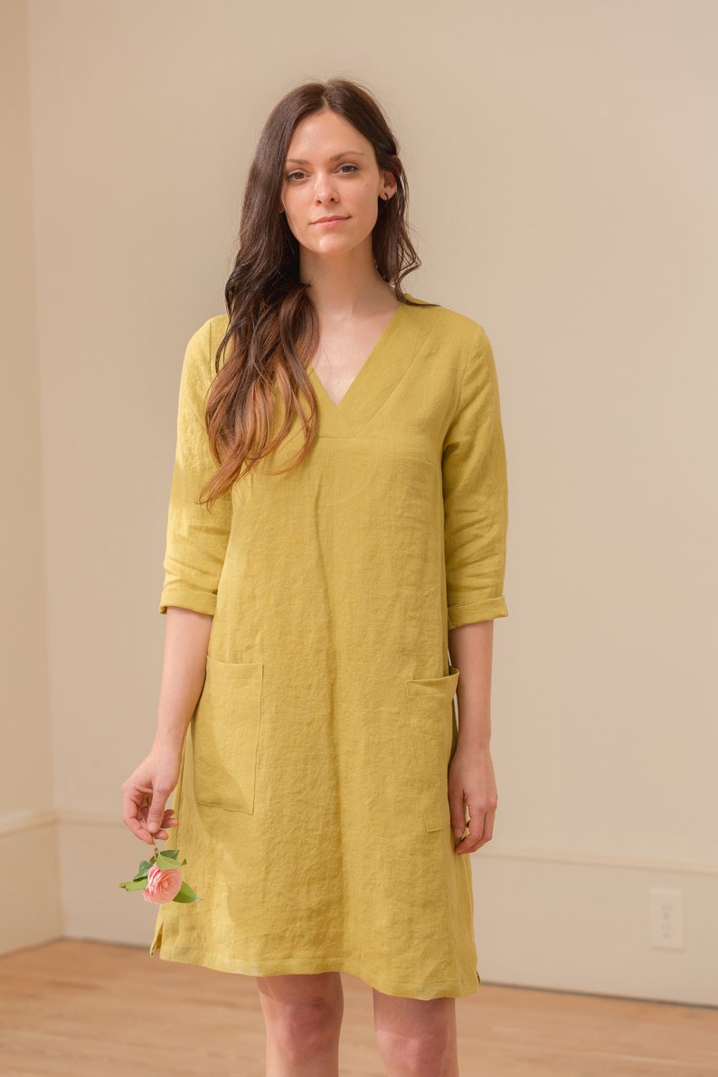 Linen V Neck Linen Shift Dress, 3/4 Sleeve, Relaxed Fit, Pockets image 1