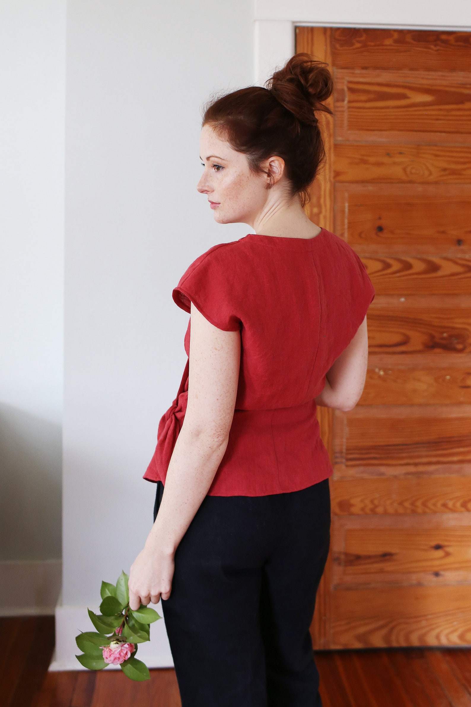 Washed Linen Waist Tie Top
