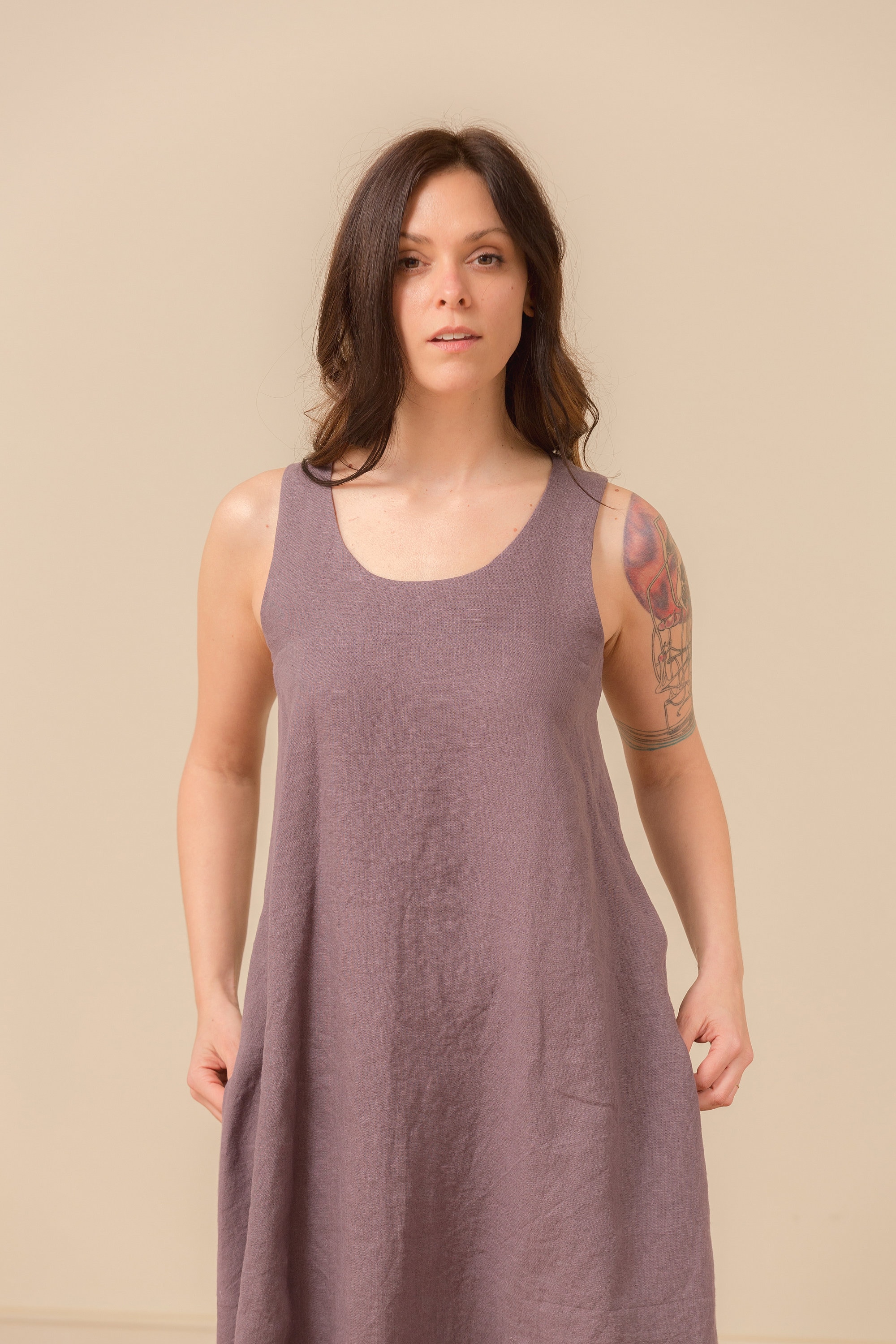 Linen Scoop Neck, Racerback, Swing Tank Dress, Linen Tank Dress