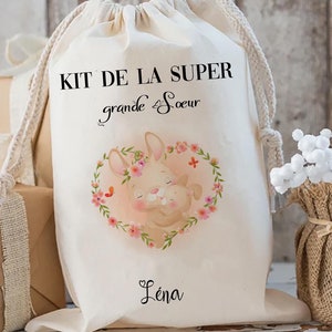 pochon personnalisé kit de la super grande sœur kit de survie pochon sac en coton personnalisé cadeau de naissance Super grande sœur lapin
