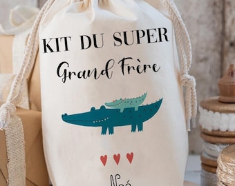pochon personnalisé kit du super grand frère /cadeau annonce grossesse /crocodile /sac cadeau grand frère annonce /futur grand frère