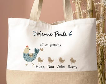 Cabas personnalisé mamie/tote bag super mamie poule et ses poussins /sac cabas mamie/sac mamie/cadeau noël mamie/fête des mamies/noël