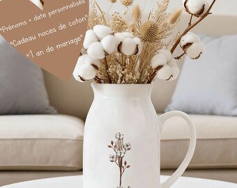 noces de coton -Vase personnalisé mariage prénom & date – cadeau anniversaire de mariage – déco couple minimaliste – idée 1 an mariage