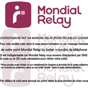 May include: A maroon and white logo for Mondial Relay, a shipping service. The logo features a stylized figure and the company name. Text below details shipping options and instructions for customers.
