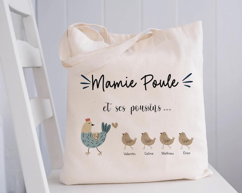 Personlig tygkasse till mormor/supermormors höna och hennes kycklingar/mormors tygkasse/mormors väska/mormors julklapp till mormor/mormors dag/jul bild 3