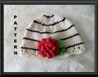 Knit Hat Pattern Baby Hat Pattern Knitting Pattern for a Baby Hat with Ivory and Black Stripes with a Red Carnation: RED CARNATION CORSAGE