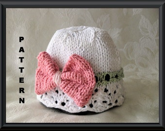 Knitted Hat Pattern Baby Hat Pattern Newborn Hat Pattern Knitting Pattern for Baby Hat - White Lace Cloche with Bow Pattern: BIG PINK BOW