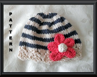 Baby Hat Pattern Knitted Hat Pattern Instant Download Hat Pattern Newborn Hat Pattern Baby Hat with Flower Baby Hat Girl: INDIGO AND IVORY