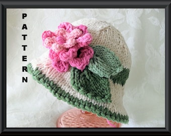Knitted Hat Pattern Baby Hat Pattern Newborn Hat Pattern Infant Hat Pattern Baby Hat with Flower : PINK and RED Flowers BRIMMED Hat