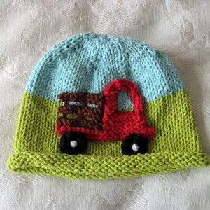 Knitted Farm truck baby hat knitted baby cap Knitted baby beanie Farmer Hat baby shower knitted baby gift gift for new mom christening gift image 2