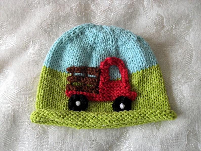 Knitted Farm truck baby hat knitted baby cap Knitted baby beanie Farmer Hat baby shower knitted baby gift gift for new mom christening gift image 2