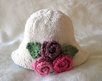 Knitted Baby Hat Knit Baby Bonnet  Hand Knitted  Brimmed Baby Cap  Three Roses knitted baby clothes gift for new mom christening gift