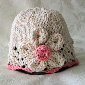 Knitting Pattern for a Baby Hat With Lace Brim Ivory and Beige With ...