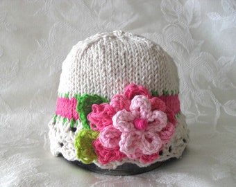 Knitted Baby Hat Knitted Baby Cloche with Flower Cotton Knitted Baby Beanie  Children Clothing Knitted Lace Baby Hat baby gift baby shower