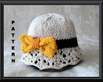 Knitted Hat Pattern Baby Hat Pattern Newborn Hat Pattern Knitting Baby Hat Pattern for Lace Cloche with Bow: GOLD and PUMPKIN BOW