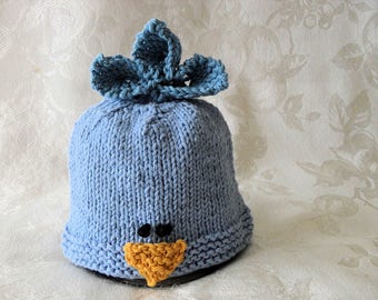 Knitted Baby Hat Hand Knitted Bluebird Baby Beanie Cotton  Knitted Baby Cap Bird Lover Baby Hat Bluebird of Happiness Hat baby shower