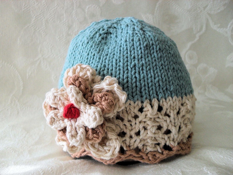 Baby Hat Pattern Knitted Hat Pattern Newborn Hat Pattern Infant Hat Pattern Baby Hat with Flower Knit Hat Pattern: REAL TEAL CLOCHE image 3