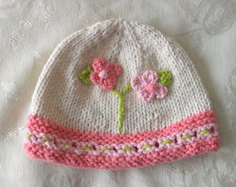 Knitted Baby Hat Knitting baby cap with flowers Pink and Green Knitted Baby Beanie Baby Shower gift knitted baby gift Gift for new mom