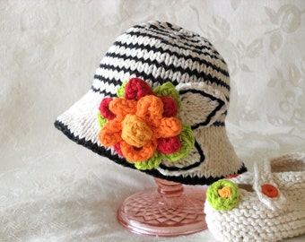 Knitted Baby Hat Hand Knitted Striped Baby Bonnet Knitted Striped Brimmed Hat Cotton Knitted Bonnet Flower Hat baby shower gift for new mom