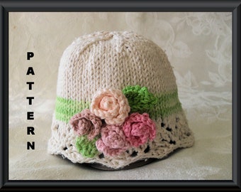 Knitted Hat Pattern Baby Hat Pattern Knitting Pattern for Baby Hat with Ivory Lace Brim and four miniature roses in pastels: ROSIE POSY