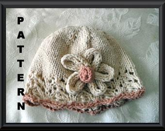 Knitting Pattern for a Baby Hat with Lace Brim Ivory and Beige with Flower Power Instant Download Hat Pattern: IVORY and BEIGE FLOWER Power